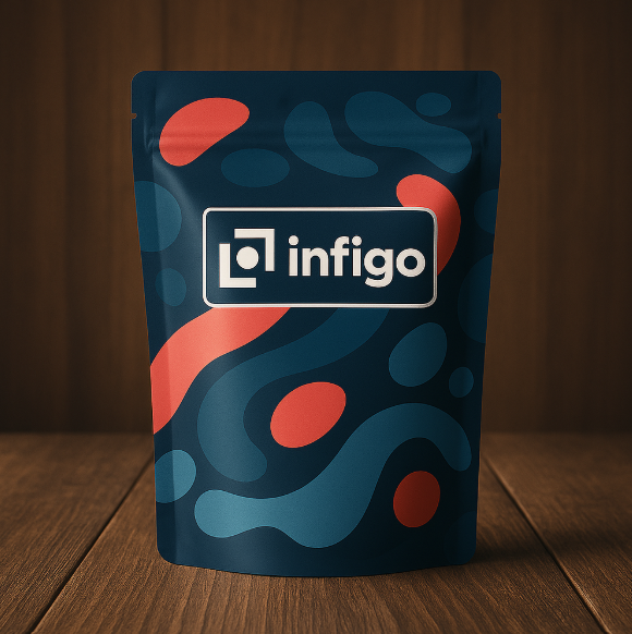 Initial AI generated pouch featuring Infigo branding