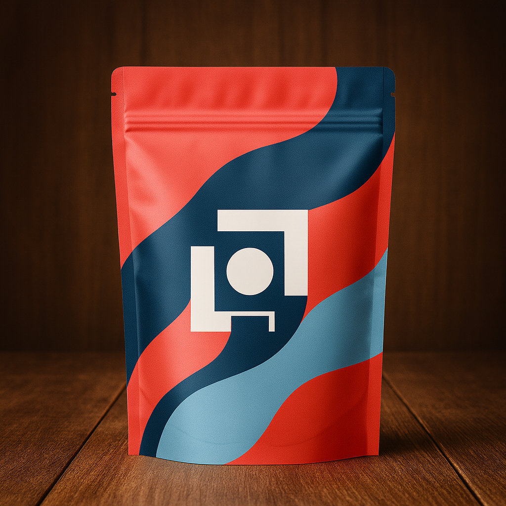 Refined AI generated pouch with updated wave pattern and centred icon